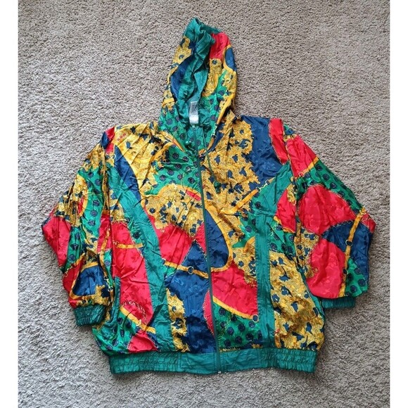 Vintage Windbreaker Jacket Women's Medium Green Baroque Full Zip Hooded 90s - Picture 1 of 8